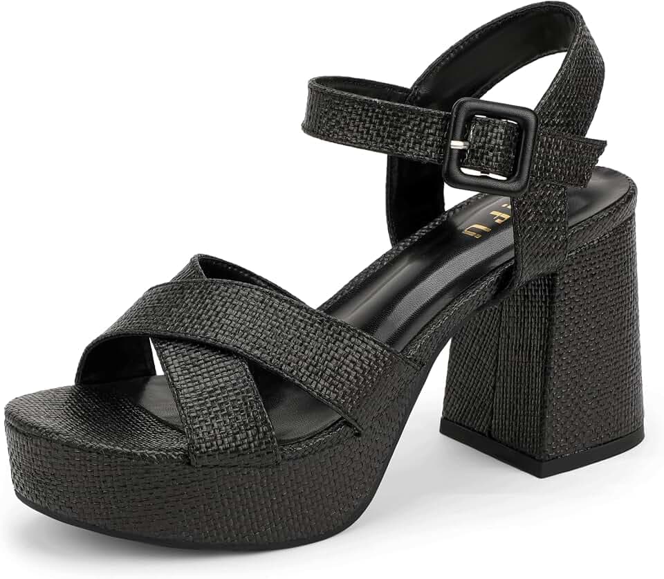 IDIFU Platform Heels for Women Raffia Low Chunky Block Heels Sandals