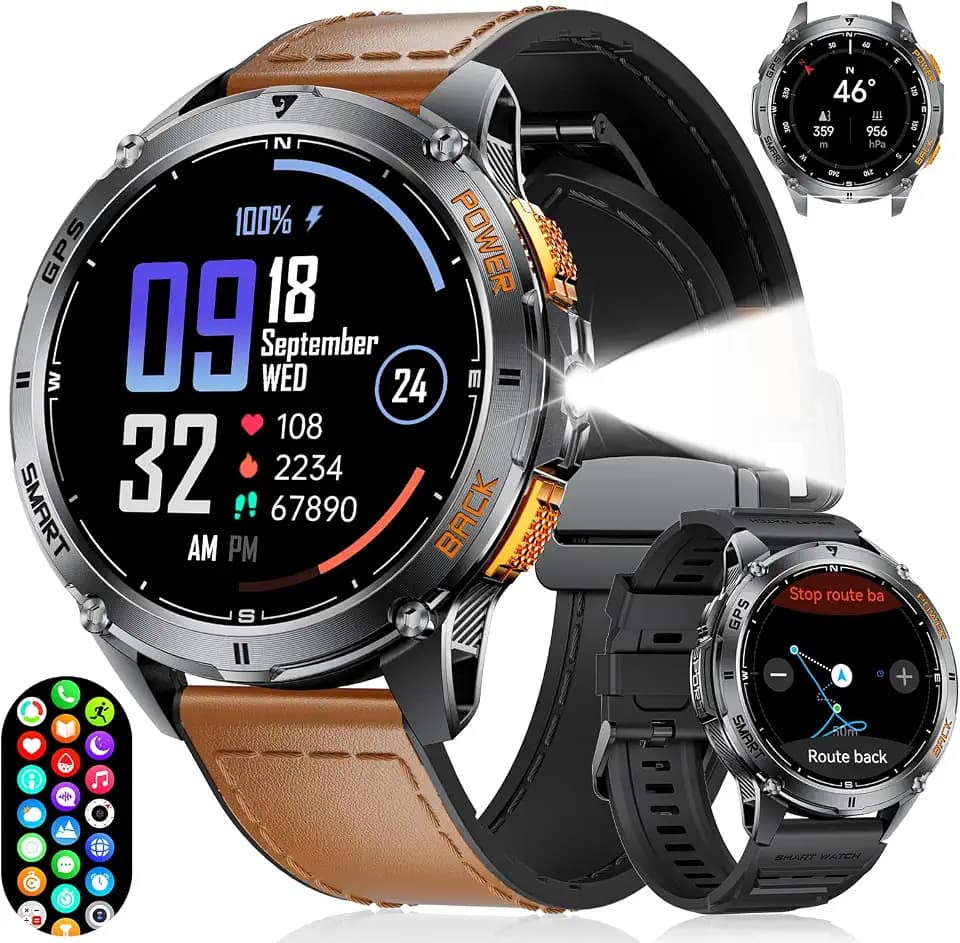 ESFOE DM4 Smartwatch Herren GPS mit 5ATM Wasserdicht Smart Watch Schwimmen, Barometerdruck/Höhenmesser, 1,43'' HD AMOLED Fitnessuhr Herren mit 170+ Sportmodi, Kompass/Herzfrequenz/SpO2 für Android iOS