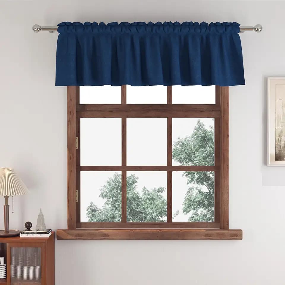 Small Tiers 1 Piece Faux Linen Textured Navy Blue Kitchen Short Small Mini Window Curtains Valance 12 inches Length Privacy Decor Cafe Basement Living Room/Bedroom 52W by 12L Rod Pocket