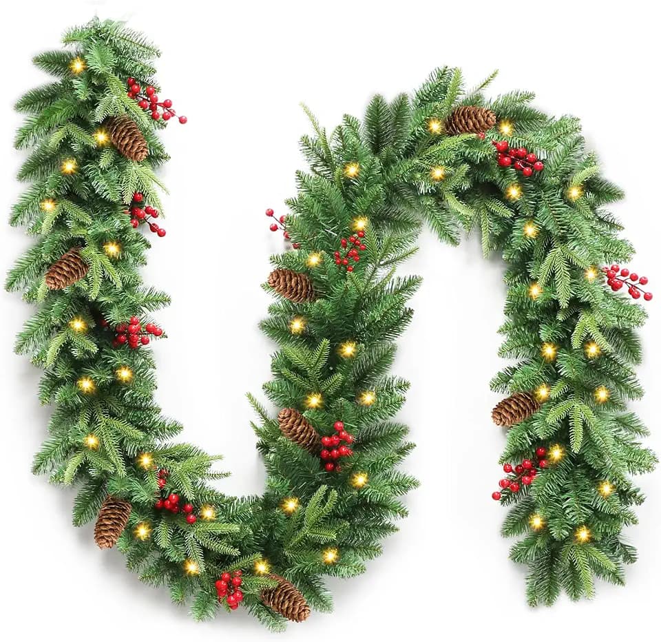 9 ft Pre-Lit Christmas Garland with 50 LED Lights, Pine Cones and Berries