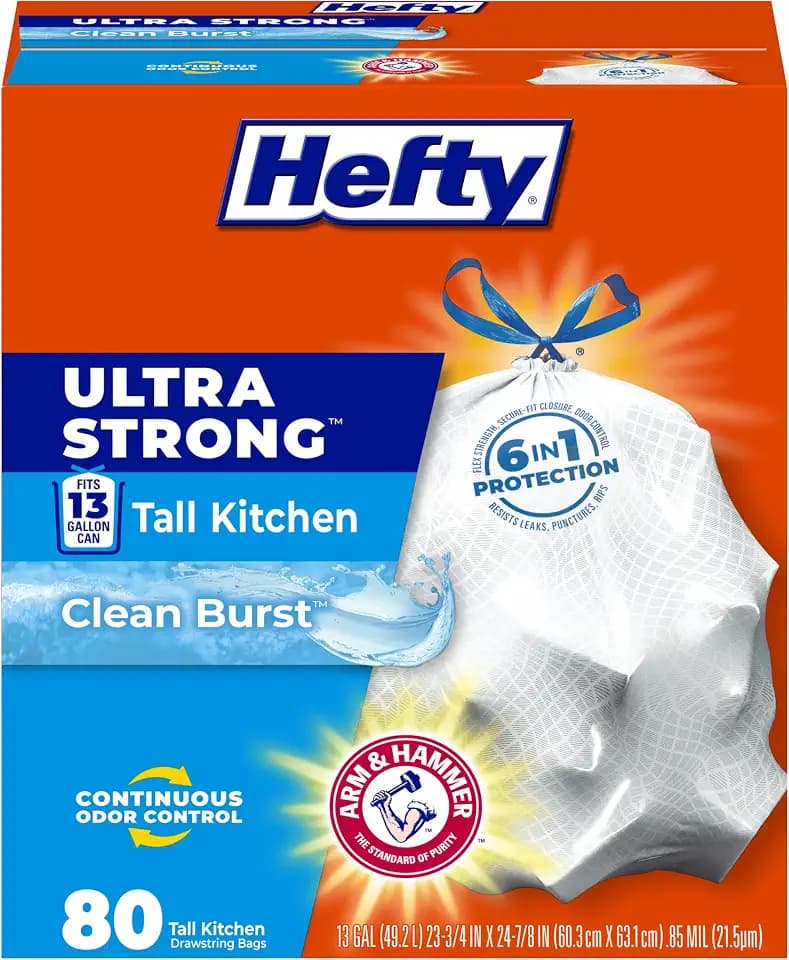 Hefty Ultra Strong 13 Gal Kitchen Trash Bags, White, Clean Burst, 80ct