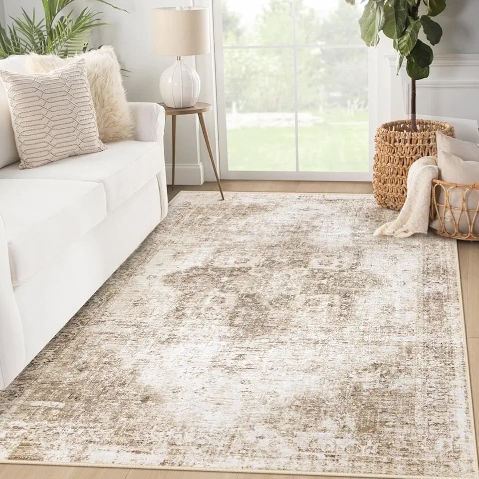 Area Rug 3x5 Washable Rug, Vintage Boho Medallion Entryway Rug Non-Slip Soft Low Pile Small Distressed Floor Carpet Retro Doormat for Kitchen Bedroom Laundry Bathroom Hallway (Brown, 3'x5')