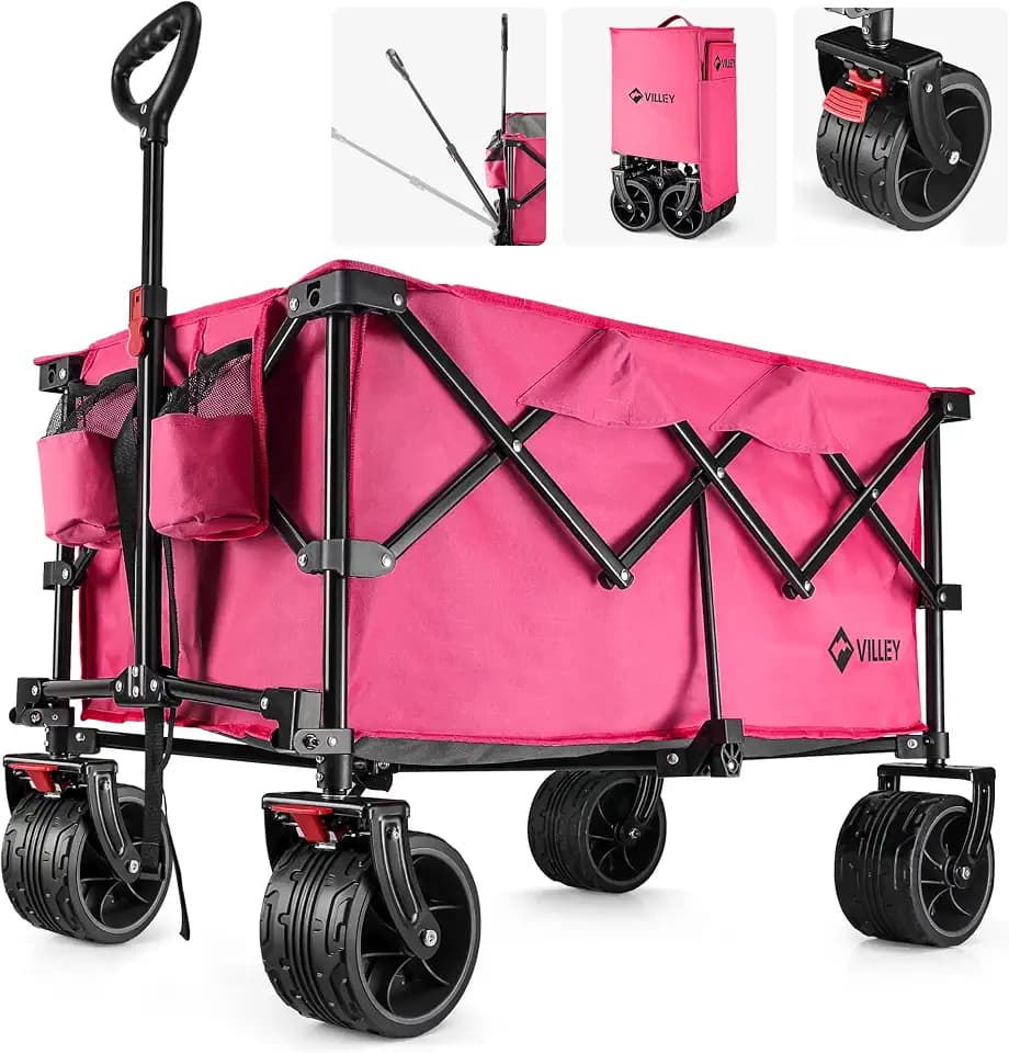 VILLEY Collapsible Folding Wagon with Big Wheels, Enlarged 225lbs Capacity, All Terrain Wagons Carts Heavy Duty Foldable, Portable Utility Garden Cart with 2 Cup Holders and Brake, Pink.