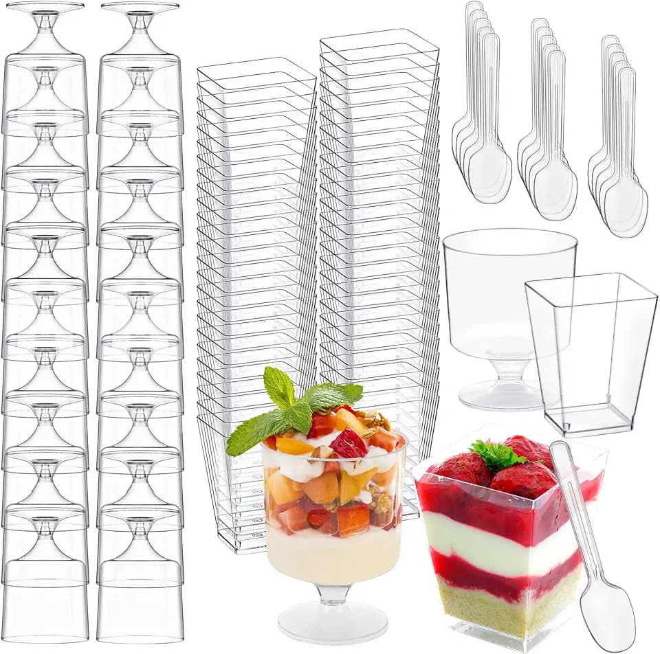 320-Pack Dessert Cups with Spoons 5 oz Mini Plastic Dessert Cups for Party Yogurt Parfait Jello Fruit Appetizer Cocktail Small Clear Reusable Square and Round Goblet-Shaped Dessert Bowls Shot Glasses