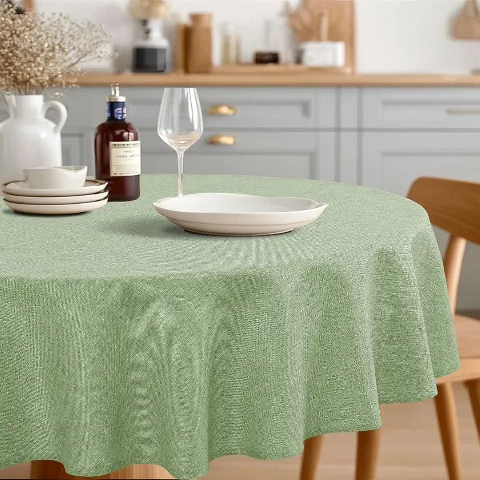 JIUZHEN Round Table Cloth Faux Linen Farmhouse Tablecloth Wrinkle and Stain Resistant Decorative Fabric Table Cover for Kitchen, Dining Room, Parties and Camping, Sage Green, 60 Inch Round