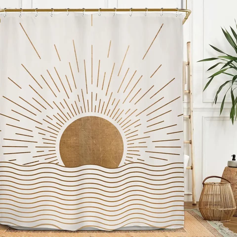 Miyotaa Sun Minimalist Shower Curtain Set 60Wx71H Inches Mid Century Sunrise Sunset Vintage Aesthetic Retro Polyester Waterproof Cloth Bathroom Curtain with 12 Hooks