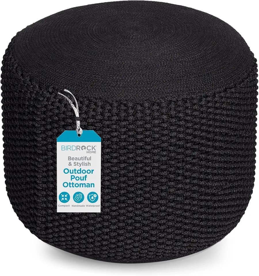 BIRDROCK HOME Indoor Outdoor Pouf Ottoman Foot Rest, Black, 20”x20”x16”