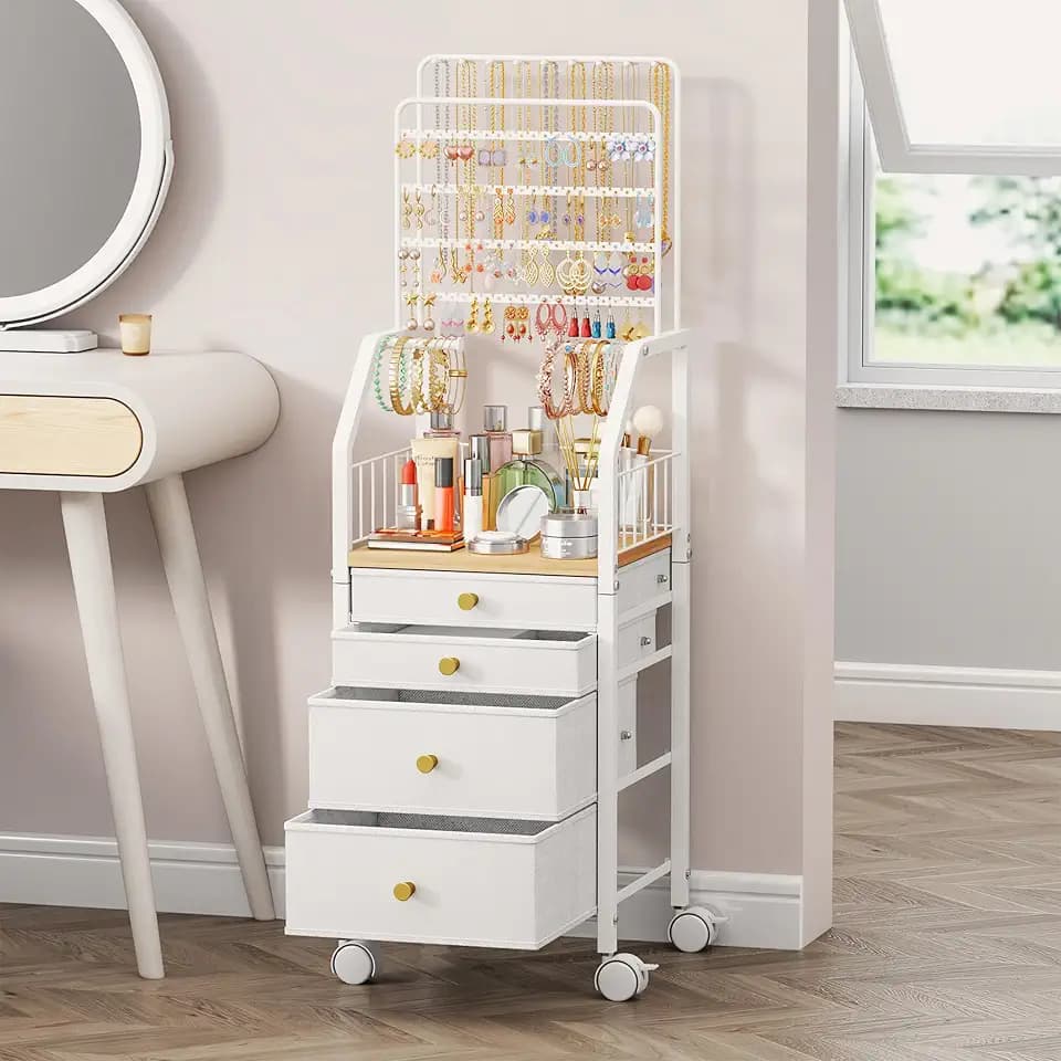 SWTYMIKI Jewelry Organizers and Storage- Multifunctional Stand Jewelry Organizer Cabinet for Necklace, Earring, Ring & Bracelet - Jewelry Box Necklace Holder with 4 Nonwoven Drawers & Wheel White