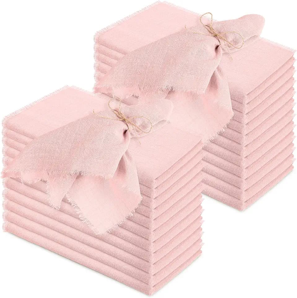 Preboun 24 Pcs Linen Napkins Bulk Cotton 17x17 Fringe, Dusty Rose