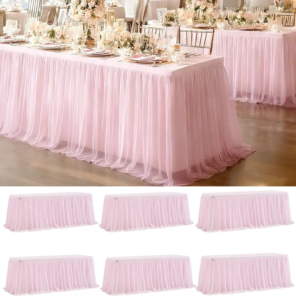 6 Pack Pink Tablecloth for 6 Foot Rectangle Tables with Tulle Table Skirt