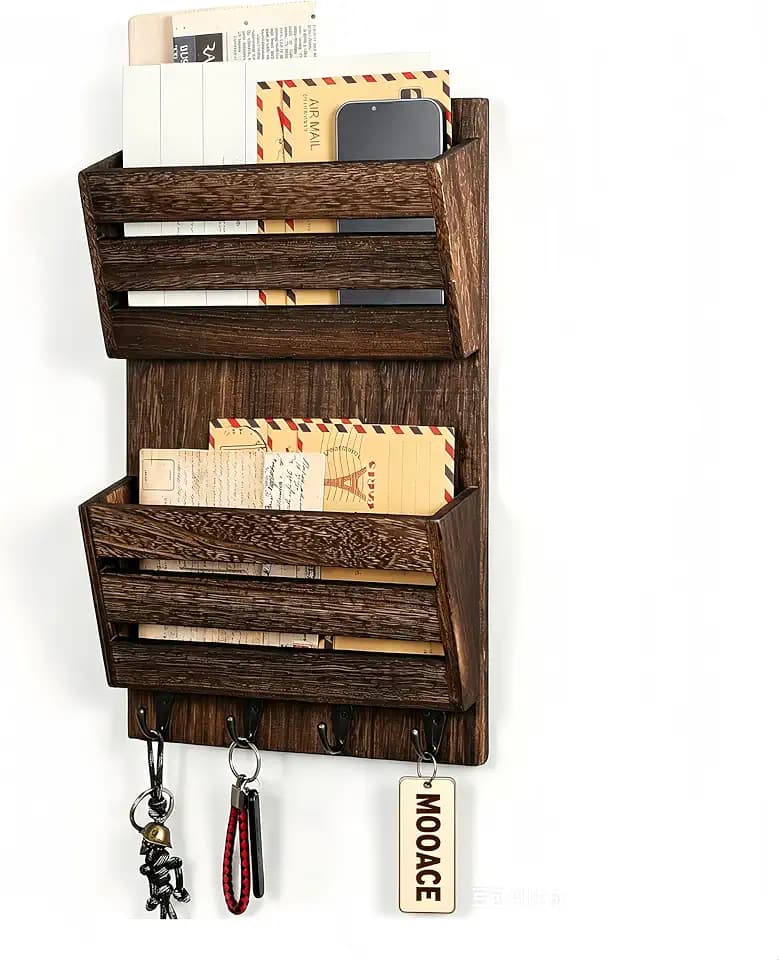 MOOACE Mail Organizer Wall Mount, Wood Mail and Key Holder with Hooks