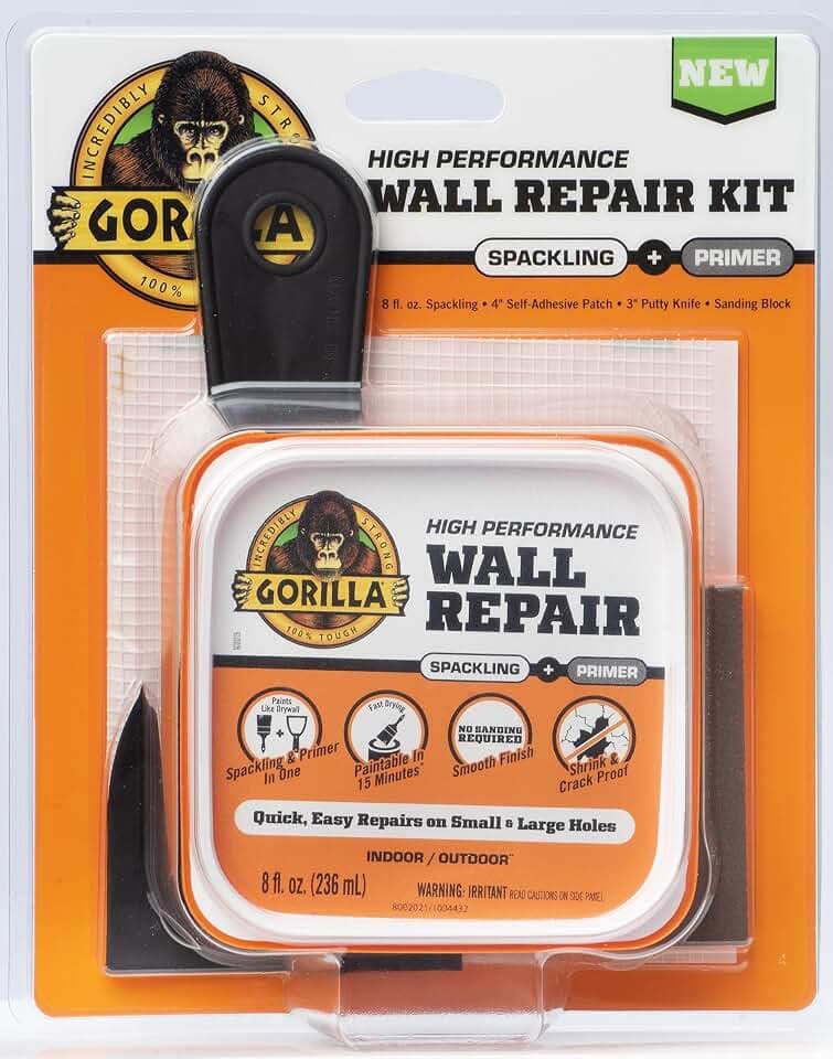 GORILLA Wall Repair Kit, Heavy Duty Spackling, 8 fl oz Tub, 4 in Patch