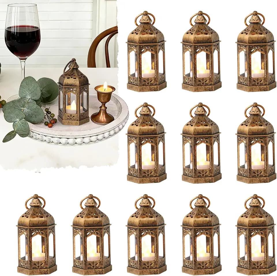 Mini Moroccan Lanterns with LED Tealight Set of 12, Vintage Brown Decorative Hanging Lanterns for Ramadan, Christmas, Halloween, Wedding, Fairy Party Decorations, Table Centerpiece