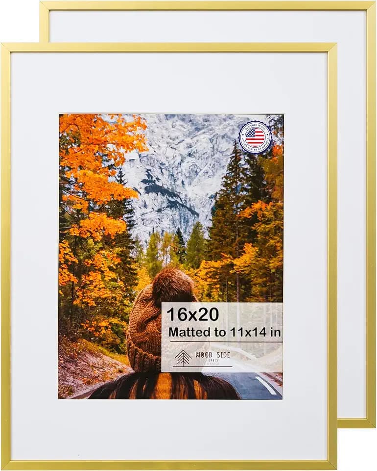 WOOD SIDE ORBIS 16x20 Gold Aluminum Metal Picture Frame with Mat 11x14, Tempered Glass Front - Wall Display Poster Photo Frames, 2 Pack