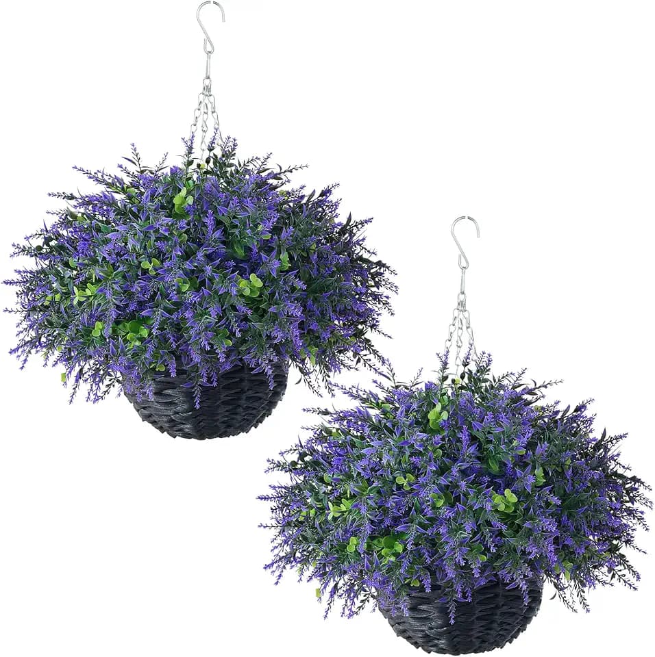 2 Set Artificial Eucalyptus & Lavender Hanging Basket for Front Porch Decor