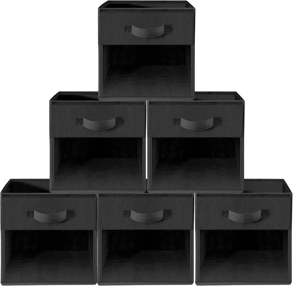 Storage Cubes, 11 Inch Cube Storage Bins With Clear Window, 6 Pack, Foldable Cubes With Handles, Closet Storage Organizer Bins, Cubby Clothing Storage Baskets for Shelves, Black