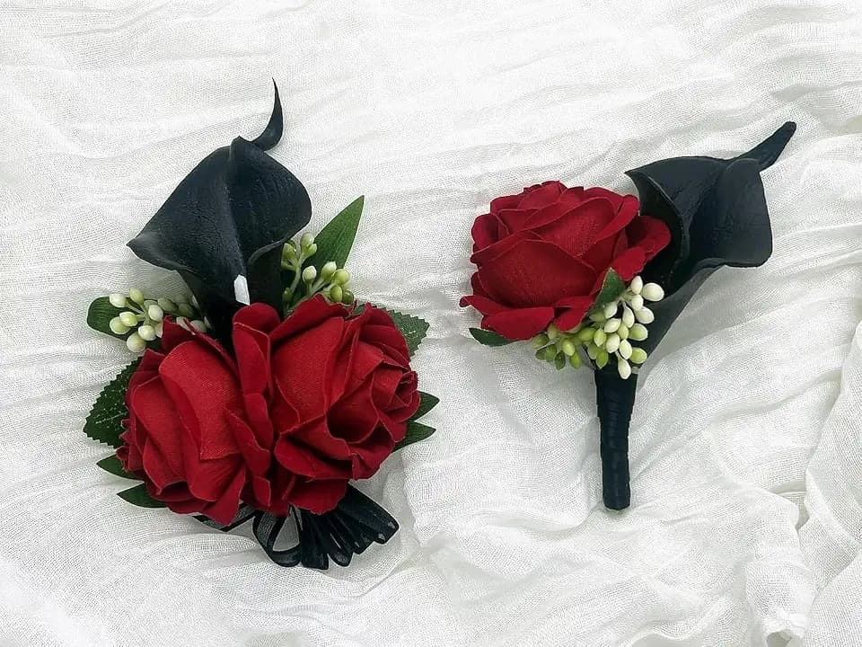 Red Rose Wrist Corsage Wristlet Band Bracelet and Men Boutonniere Set with Black Calla Lily for Wedding Flower Accessories Prom Suit Decorations