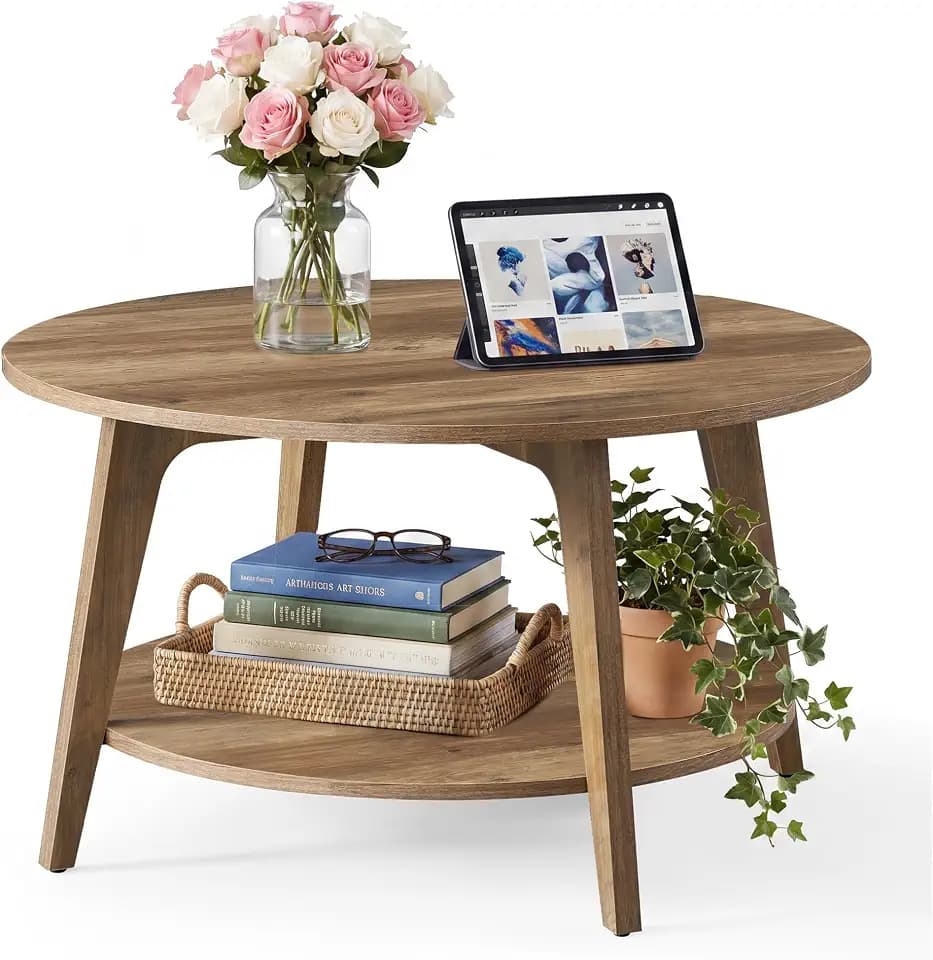 SONGMICS HOME Round Coffee Table, 2 Tier Living Room Center Table, Mid Century Modern Charm, Brown