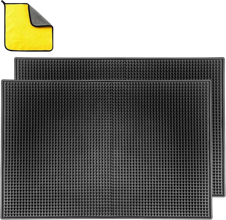Shouken 2 Packs Bar Mat 18"" x 12"" With Absorbent Towel,Bar Service Spill Mat,Coffee Mat for Home Bar, For Cocktail Bartender Kitchen Counter Top Cup Mats Glasses Drying Mat, Black