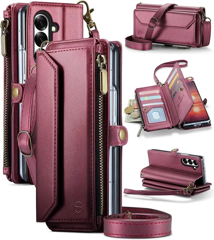 Strapurs for Samsung Galaxy Z Fold 7 - Zipper Strap Wallet Case, Wine Red