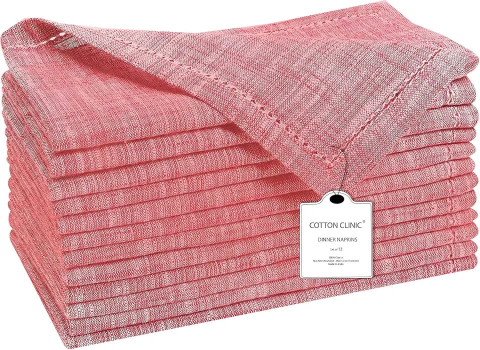 Cotton Clinic 12 Pack Farmhouse Style Slub Textured 18x18 Cloth Dinner Napkins, 100% Cotton for Everyday Use and Events - Soft and Durable Cocktail Napkins, Wedding Dinner Napkins - Rose Pink