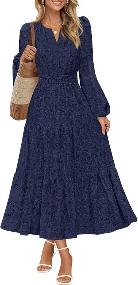 MEROKEETY Women's Fall Long Sleeve Eyelet Lace Floral Maxi Dress