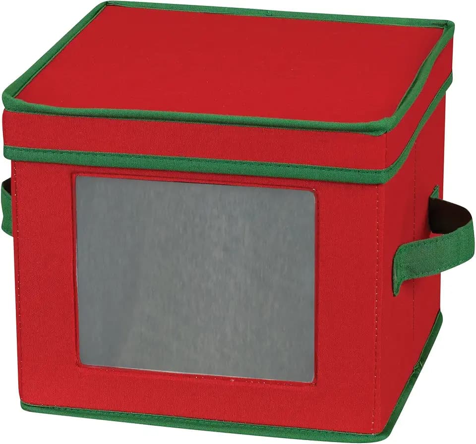 Household Essentials Holiday China Plate Storage Box, Salad Plate Storage, Windowed Panel, Stackable and Foldable Frame, Handles and Fully Removable Lid, Red with Green Trim
