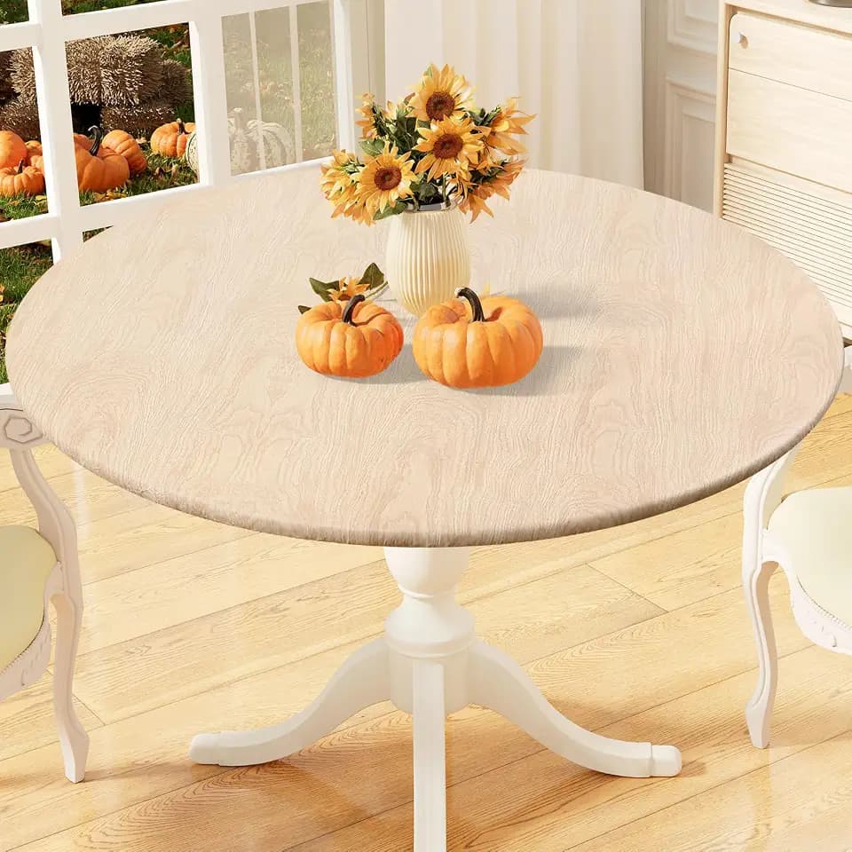misaya Round Fitted Tablecloth with Elastic Edge, 100% Waterproof Oil Proof Plastic Table Cover, Vinyl Flannel Backed Tablecloth Fits 36"-44" Round Tables for Dinner, Outdoor, Picnic, Wood