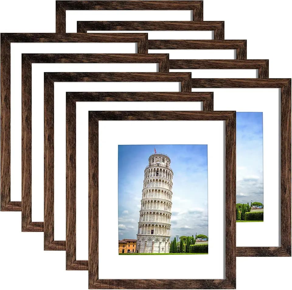 SESEAT 8x10 Picture Frame Set of 10, Display Pictures 5x7 with Mat or 8x10 Prints without Mat, Wall Mounting or Tabletop, Brown
