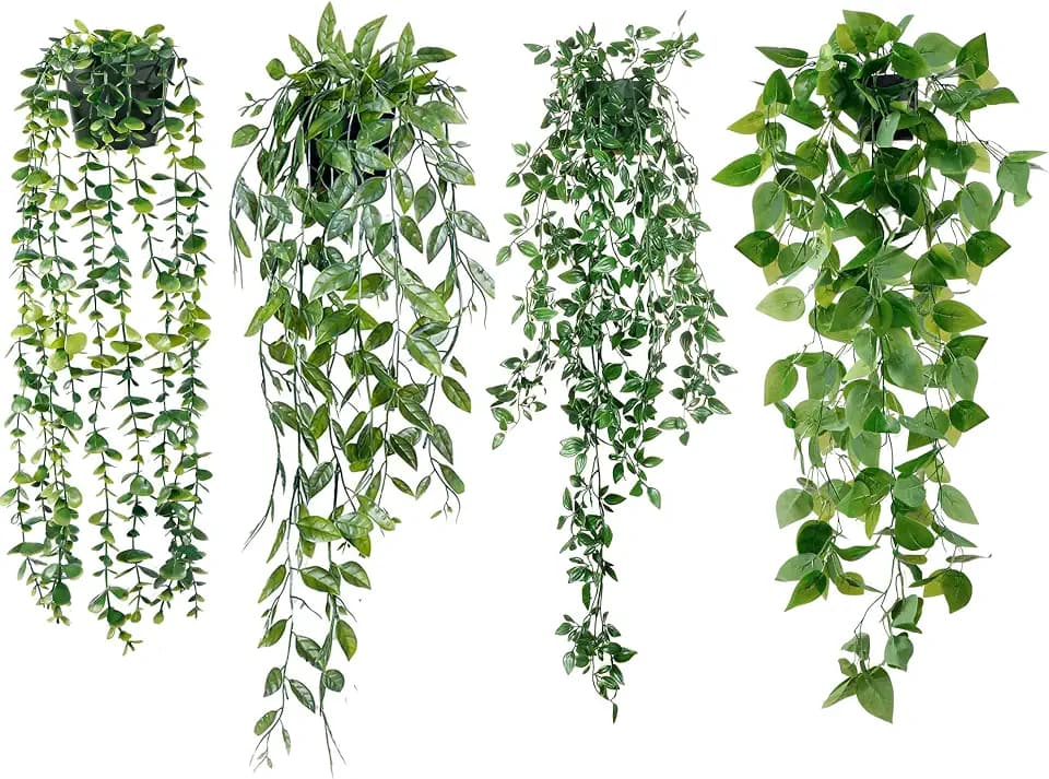 Sggvecsy Fake Hanging Plants 4 Pack Artificial Hanging Eucalyptus Plants Fake Potted Greenery Faux Eucalyptus Mandala Vine Ivy Vine Leaves Pea Pod for Home Indoor Outdoor Wall Garden Decor