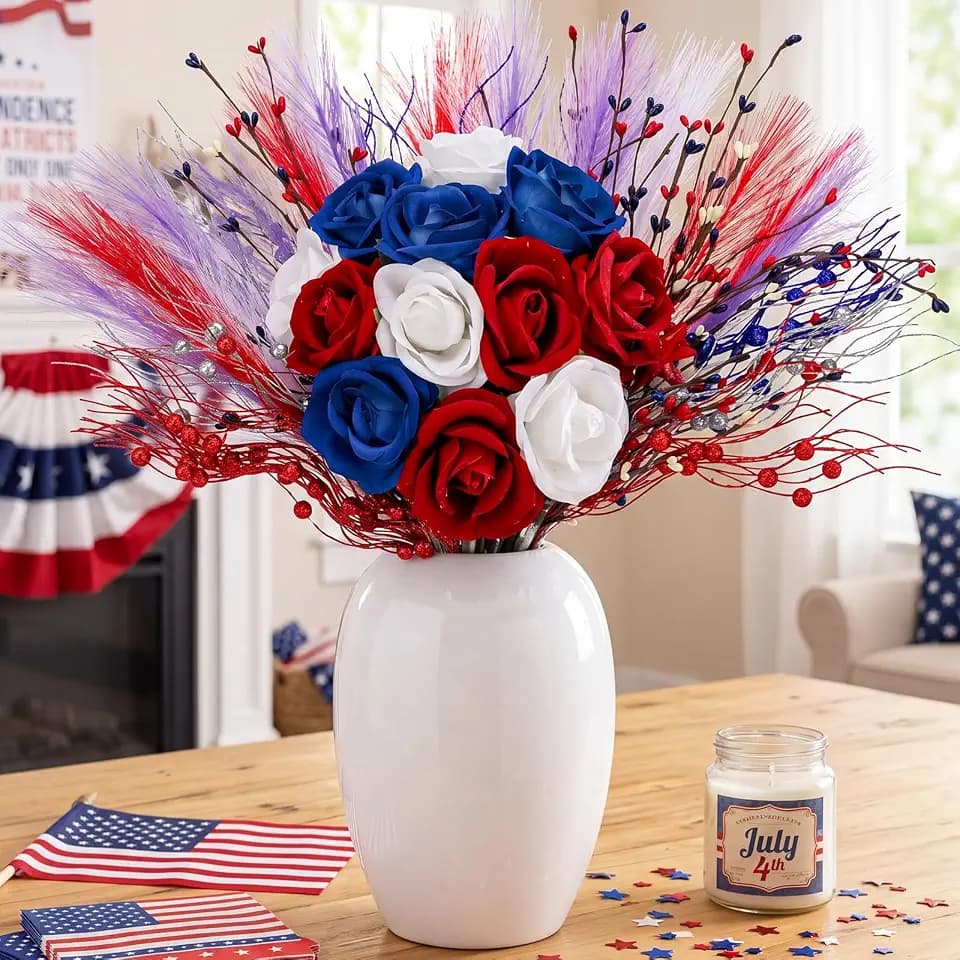 30pcs Patriotic Artificial Flower, Red White Blue Faux Roses with Star Berry Picks and Pampas Grass for 4th of July Centerpieces and Independence Day Decor