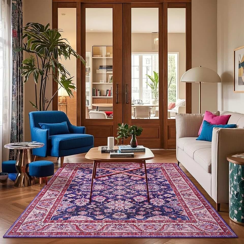 Purple Area Rugs for Living Room, 4x6 Washable Rugs for Bedroom, Non-Slip Retro Floral Carpet for Girls's Beside Dorm Entryway Office Kitchen Dining Room, Blue and Purple