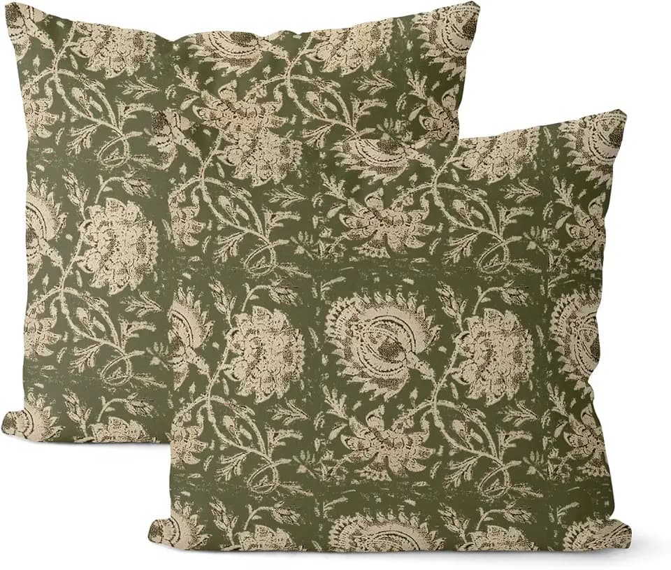 Green Pillow Covers 18x18 Inch Set of 2 Vintage Olive Green Floral Throw Pillows Neutral Modern Boho Block Print Floral Pillowcases Outdoor Accent Decorative Linen Cushion Covers for Couch Sofa