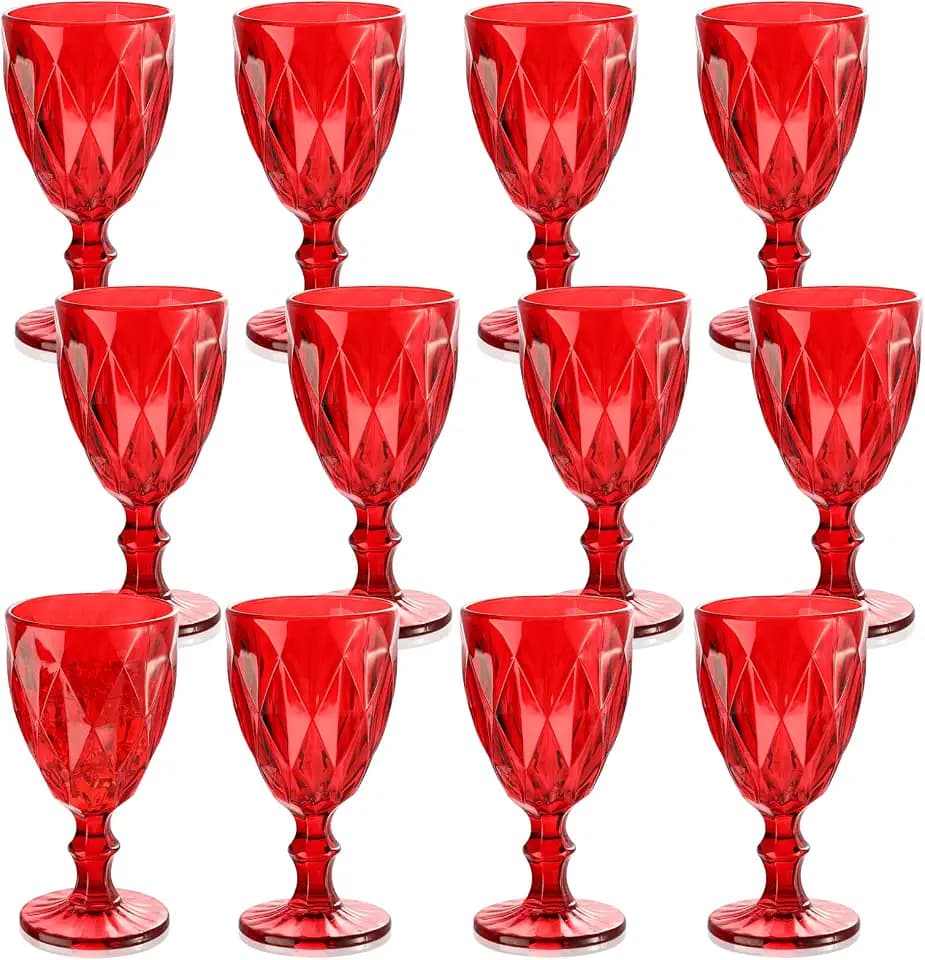 Yinder Glass Goblet Vintage Wine Goblet Embossed Glassware 10 oz Solid Color Glass Stemmed Cups for Iced Tea Beverage Soda Juice Water Liquor and Party Wedding Bars Restaurants(Red,12 Pack)