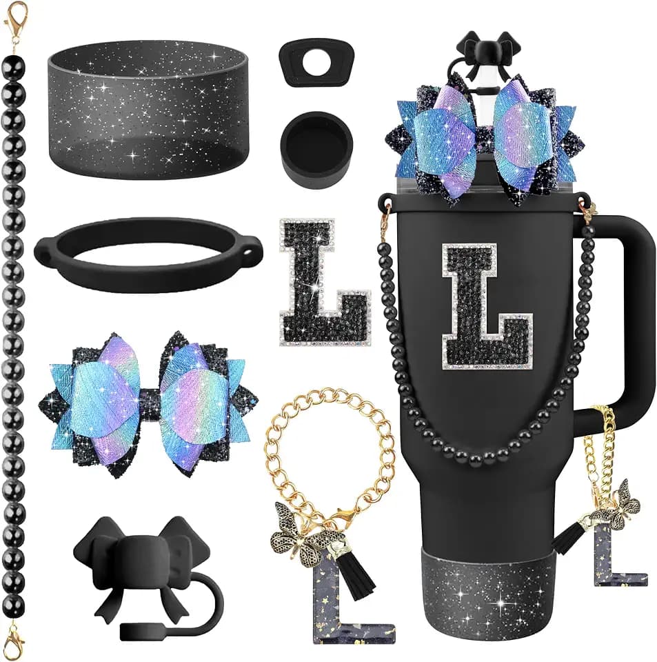9PCS Black for Stanley Cup Accessories Set Bling Initials Bow Charms for Stanley Decorations 30/40 Oz Tumbler Accessories Including Bow Straw Topper, Handle Strap, Spill Stopper(Letter L)