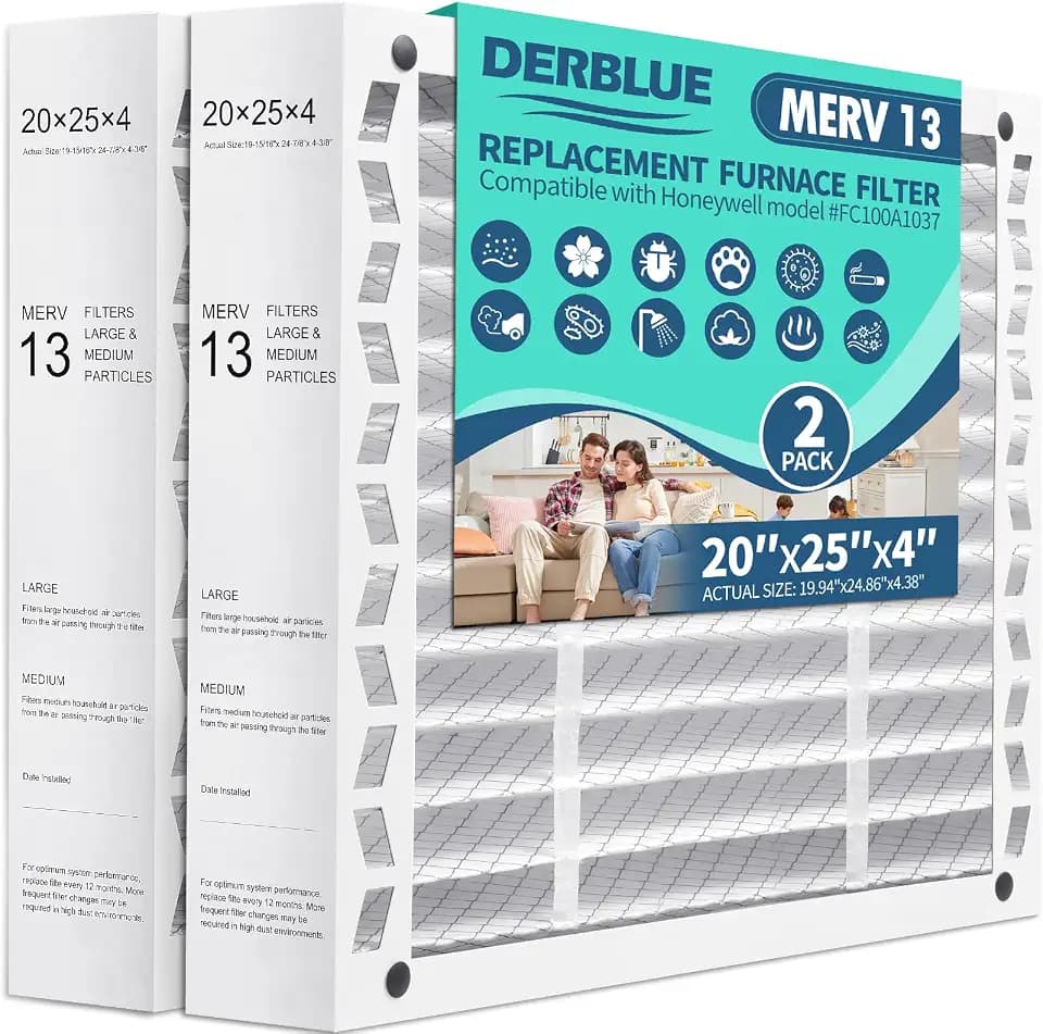 DerBlue 2PACK 20x25x4 AC Furnace Filter Replacement MERV 13 Compatible with Honeywell FC100A1037 Pleated HVAC (Actual Size: 19.94 x 24.88 x 4.38 Inches)