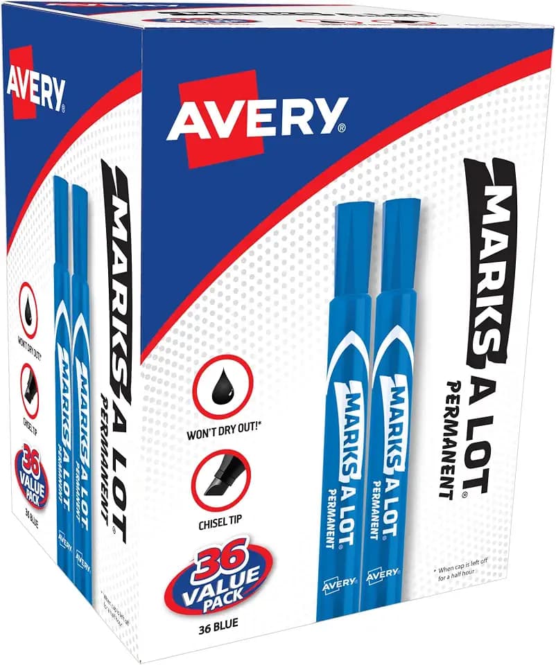 Avery® Marks A Lot® Permanent Markers, Chisel Tip, 36 Blue Markers