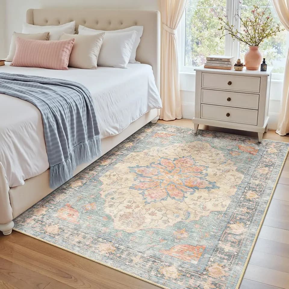RELEANY Washable Area Rug, 4'x5', Blue/Orange/Red