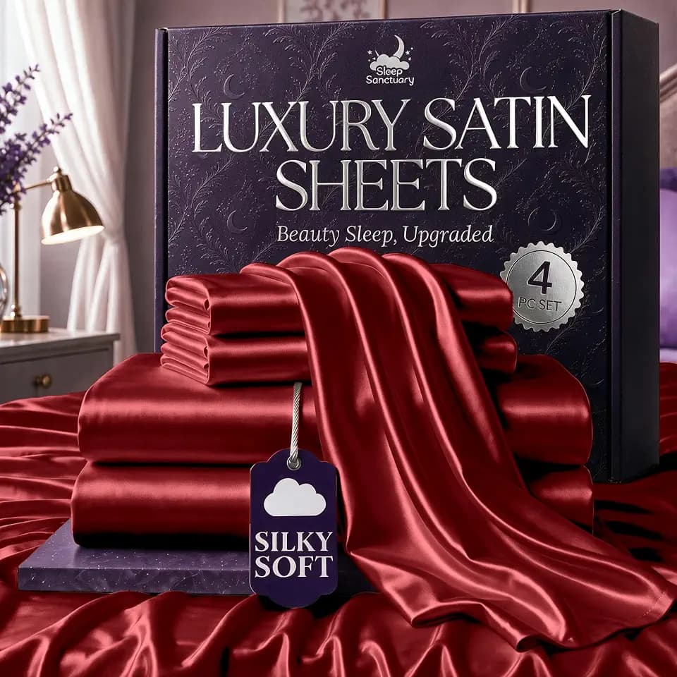 SLEEP SANCTUARY Satin Sheets King Size – 4 Piece Luxury Silky Bed Set, Softer Than Silk, 15" Deep Pocket, Cooling & Wrinkle-Free, Moisture-Wicking & Breathable for Hair & Skin (Red)