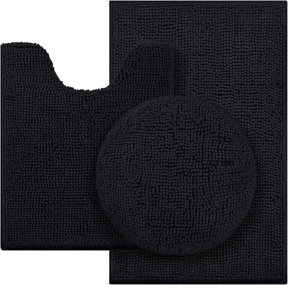 HOMEIDEAS 3 Pieces Black Bathroom Rugs Set, Ultra Soft Non Slip Bath Rug and Absorbent Chenille Bath Mat, Includes U-Shaped Contour Rug, Bath Mat and Toilet Lid Cover, Perfect for Bathroom, Tub