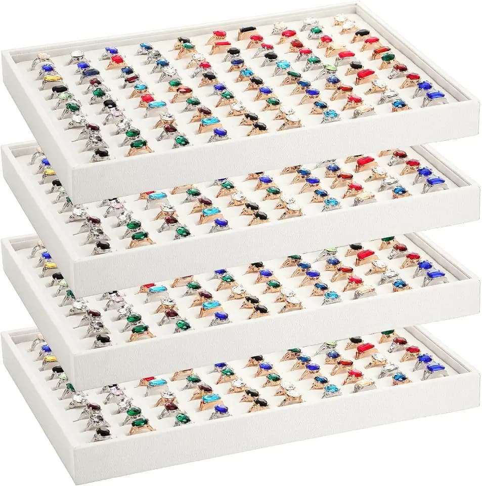 Wenqik 4 Pcs Beige Velvet Ring Display Tray Bulk Ring Board 100 Slot Insert
