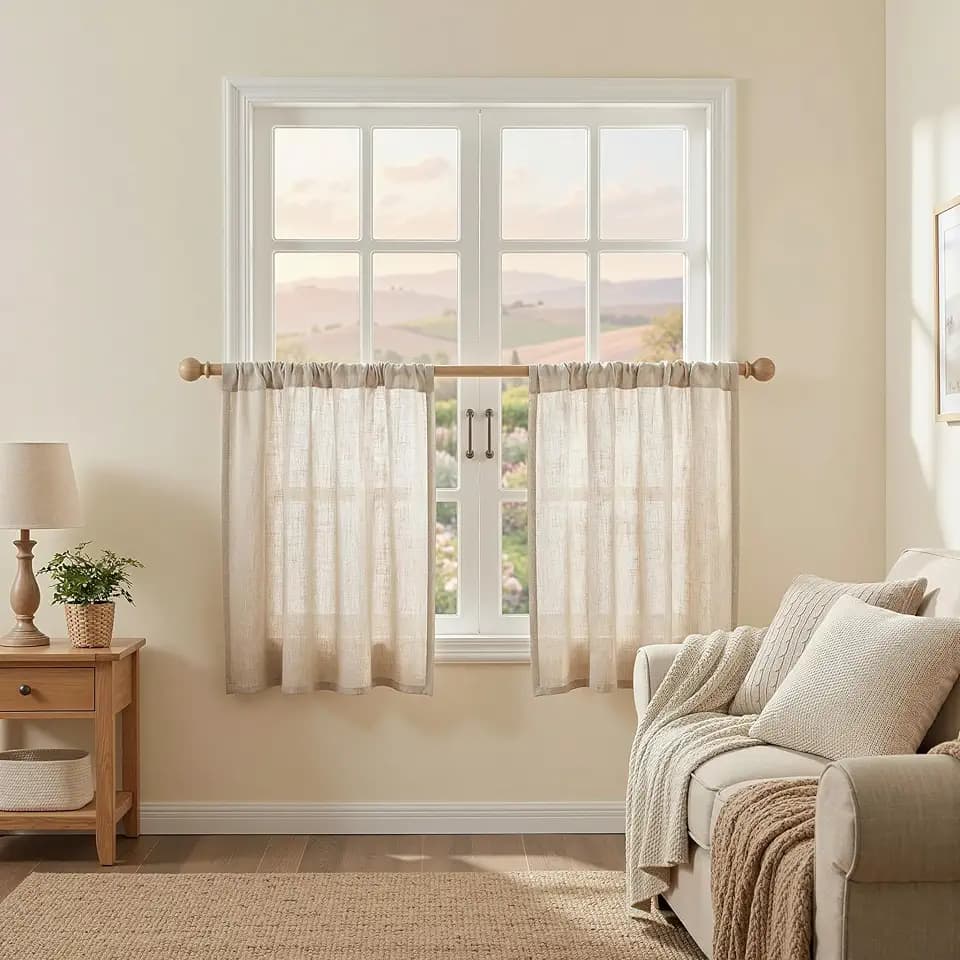 MYSKY HOME Kitchen Semi Sheer Oatmeal Curtains 24 Inch Long, Light Filtering Window Panels Rod Pocket Valance Neutral Drapes for Small Window/Cafe/Bathroom Basement, Taupe, 2 Panels, 34 x 24 Inch