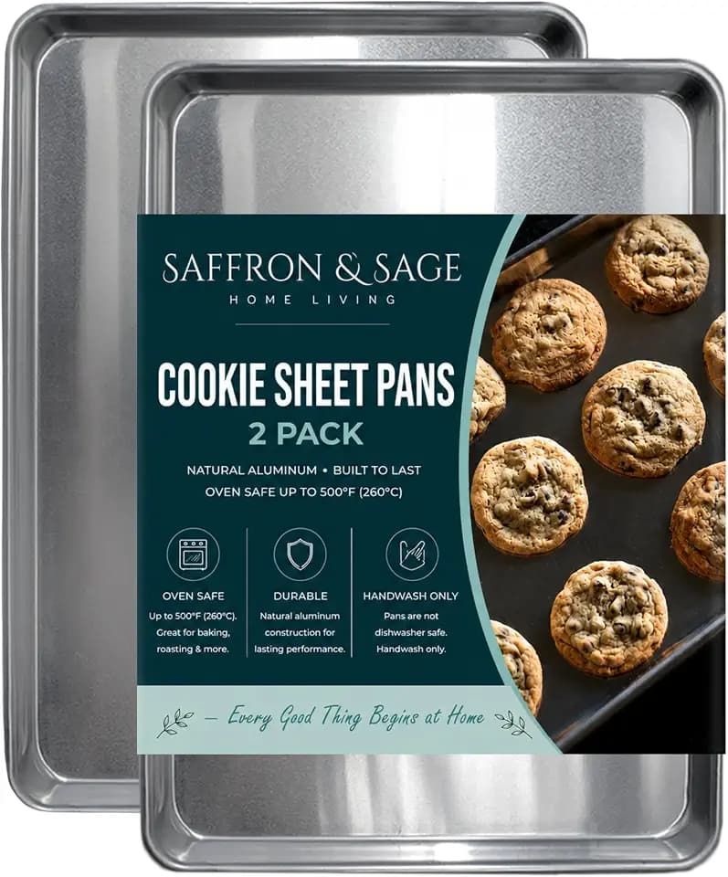 Commercial Quality Cookie Sheet Pan - 2 Pack Aluminum Half Sheet Baking Pan by Saffron & Sage Home Living - This 18x13 Rimmed Baking Sheet Set is Rust & Warp Resistant, Heavy Duty, of Thick Gauge