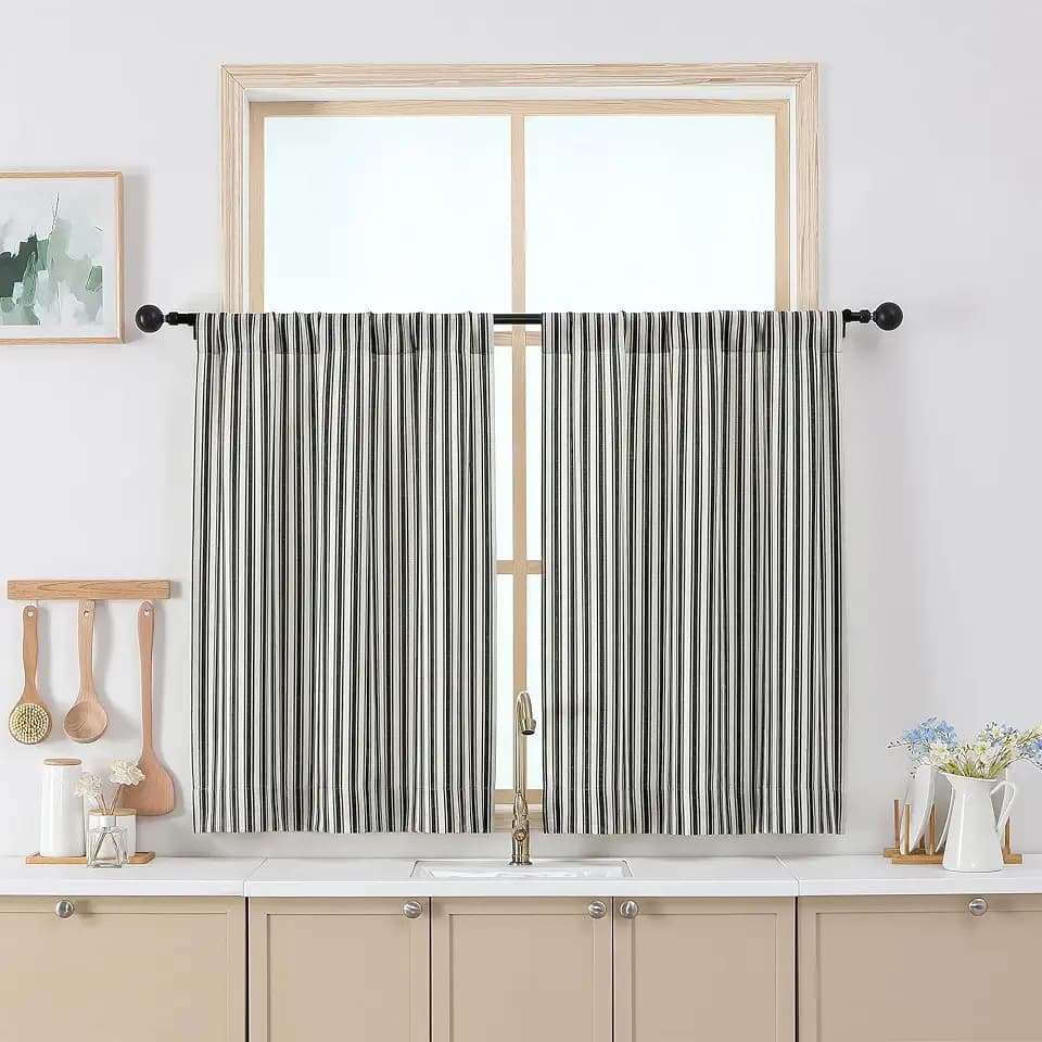 Chyhomenyc Striped Short Curtains 36 Inch Length - Light Filtering Faux Linen Living Room Tier Half Window Curtains, Farmhouse Modern Boho Curtain for Bathroom Cabinet, 30Wx36L, 2 Pieces, Black