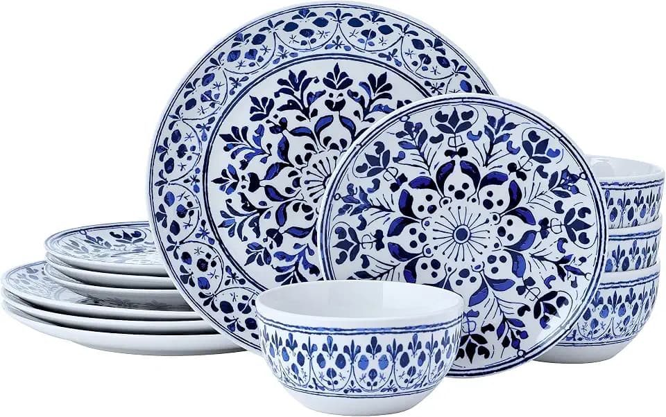 Pfaltzgraff Medallion Radiance 12 Piece Stoneware Dinnerware Plate Bowl Dish Set, Service for 4, Blue