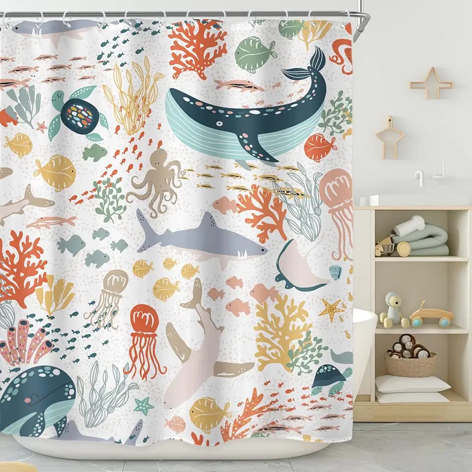 Kids Sea Animal Extra Long Shark Fish Funny Art Bathroom Shower Curtain Set