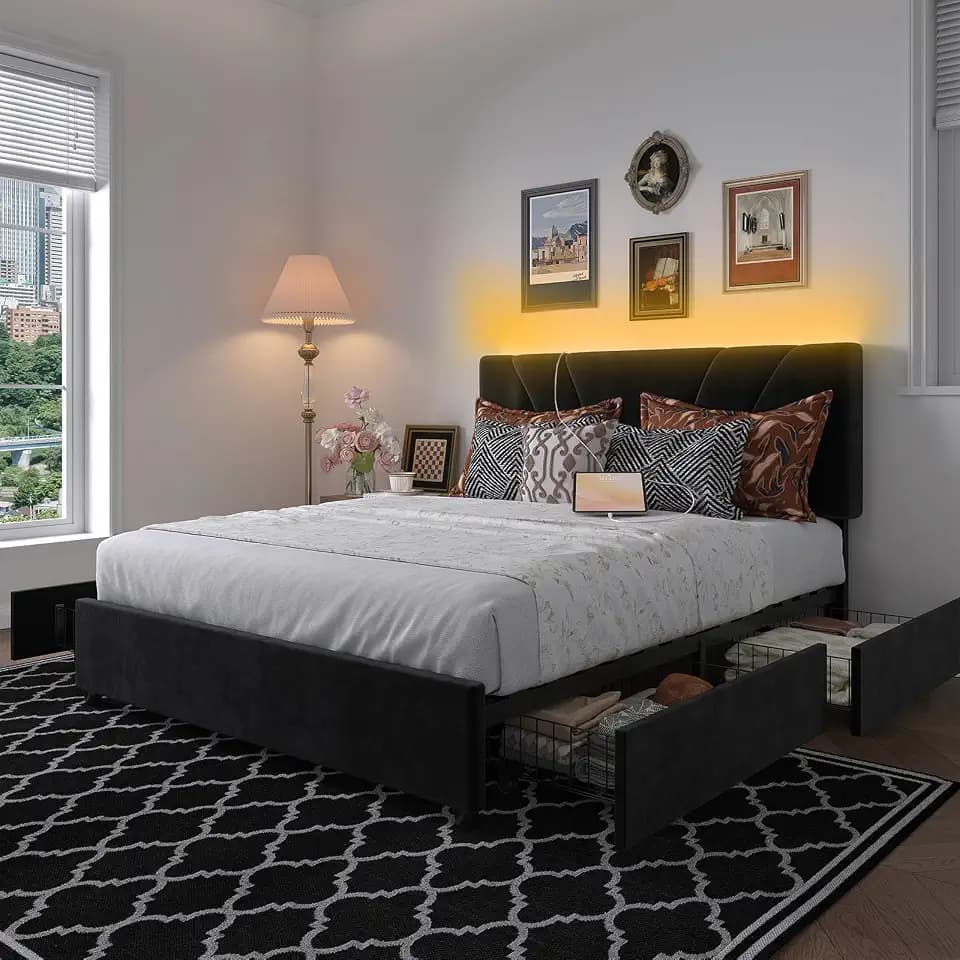 Novilla King Bed Frame with Drawers/Charging Station/LED Light/Black