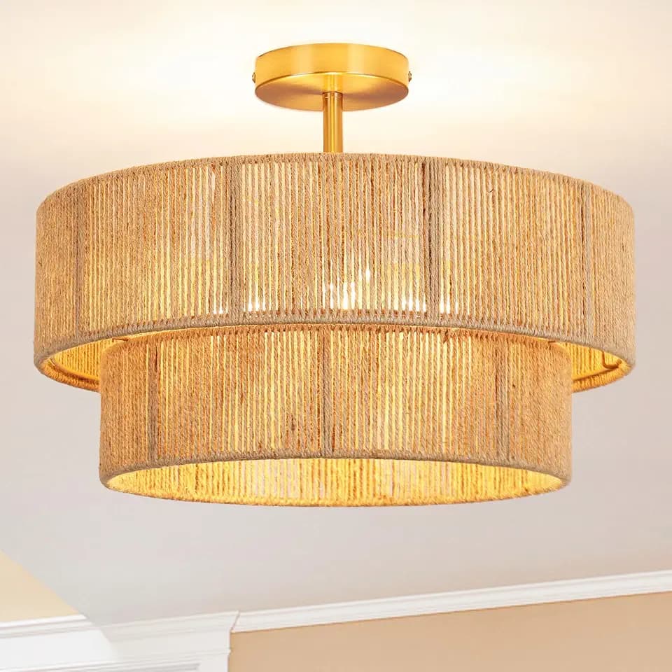 18" Boho Semi Flush Mount Ceiling Light Gold Rattan Ceiling Light Farmhouse Ceiling Lamp with Natural Hemp Rope Lampshade for Dining Room Living Room Bedroom Kitchen