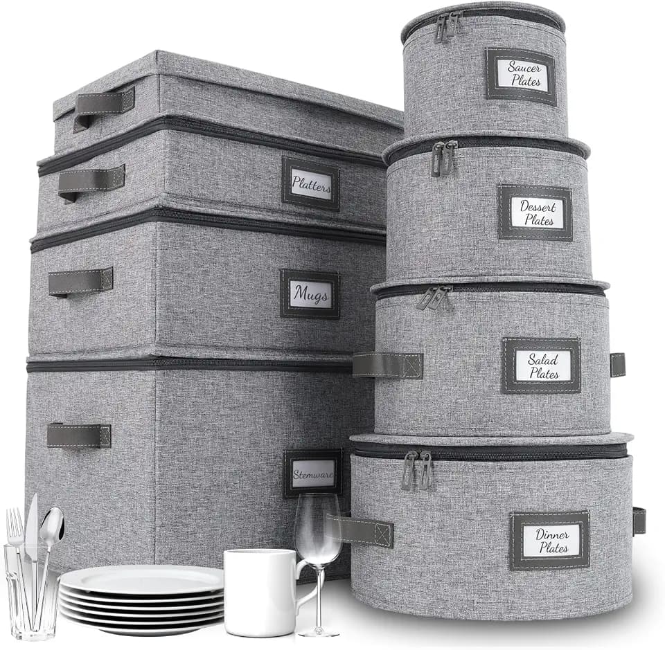 HOMELUX THEORY 8pc China Storage Set for Dinnerware with Lid, Light Gray