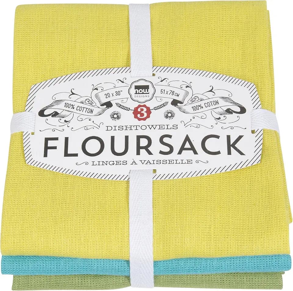 Now Designs Floursack Kitchen Dish Towels,Cotton, Chartreuse/Turquoise/Leaf 20 x 30in, Small, Set of 3